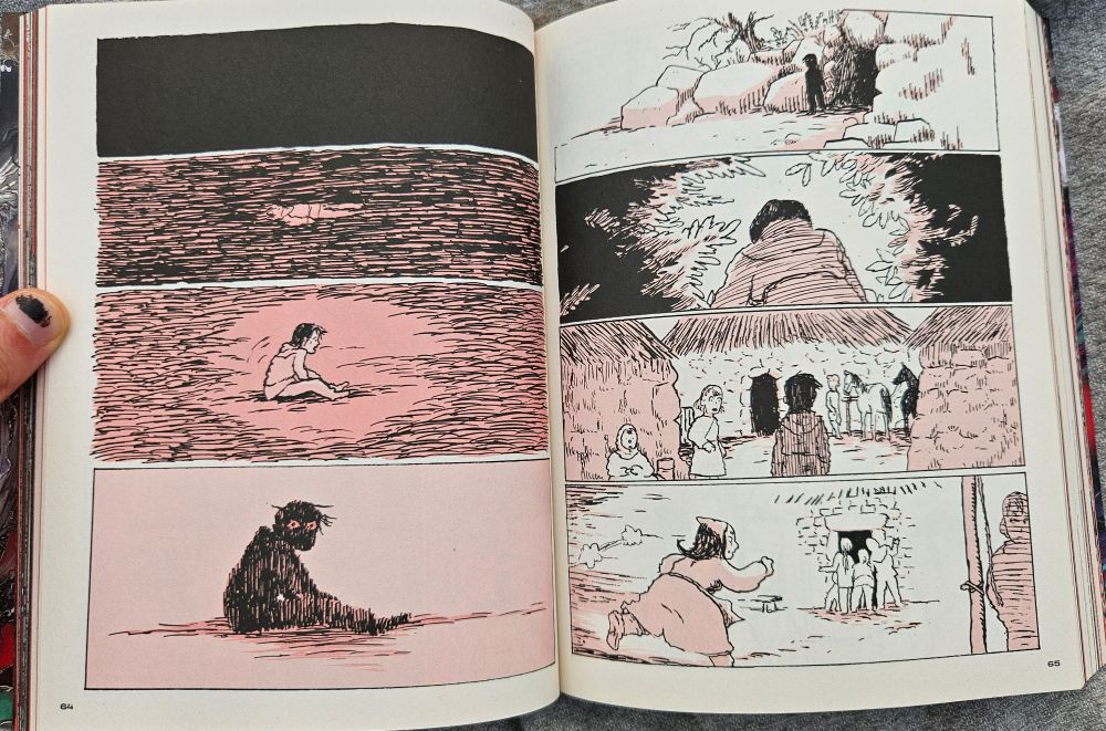 Pages from Adam de Souza's "Zoonosis", panels showing a boy waking up from the dark, leaving a cavern, and entering a village with thatched-roof stone huts