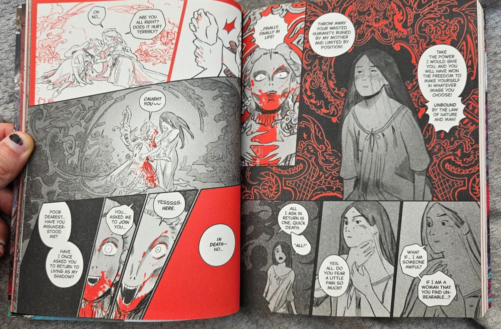 Pages 30-31 of Ex.Mag 5, Theo Stultz "O Marielle". Black and red ink drawings of two women talking, one in a blood splattered elaborate white dress, another in a simple night gown.