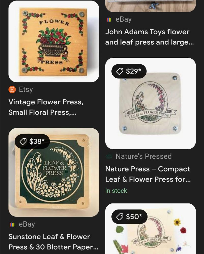A screenshot of a shopping page showing flower presses ranging in price priced at $29, $38 & $50.