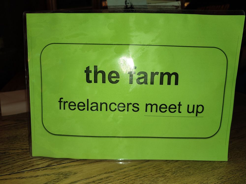 The Farm freelancers meet up, printed on a green A4 sheet 