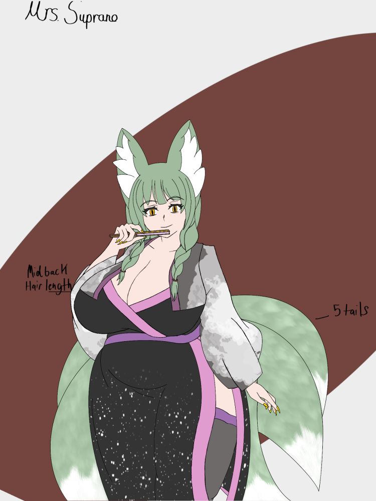 A older green haired, golden eyed, fox woman with 5 tails holding a fan that she's holding just under her mouth.