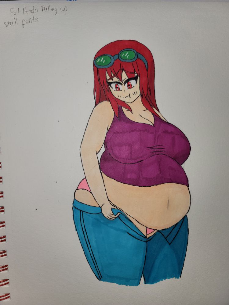 A red haired woman wearing a purple tank top and jeans struggles to pull up the jeans due to her size.