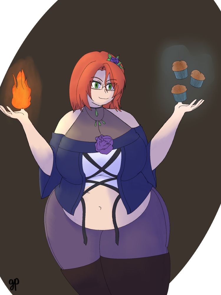 A fair fat Red Haired woman, who appears to be a mage as she's casting an idly hovering fireball and 3 idly hovering muffins. She stares at the camera with a smug look on her face.