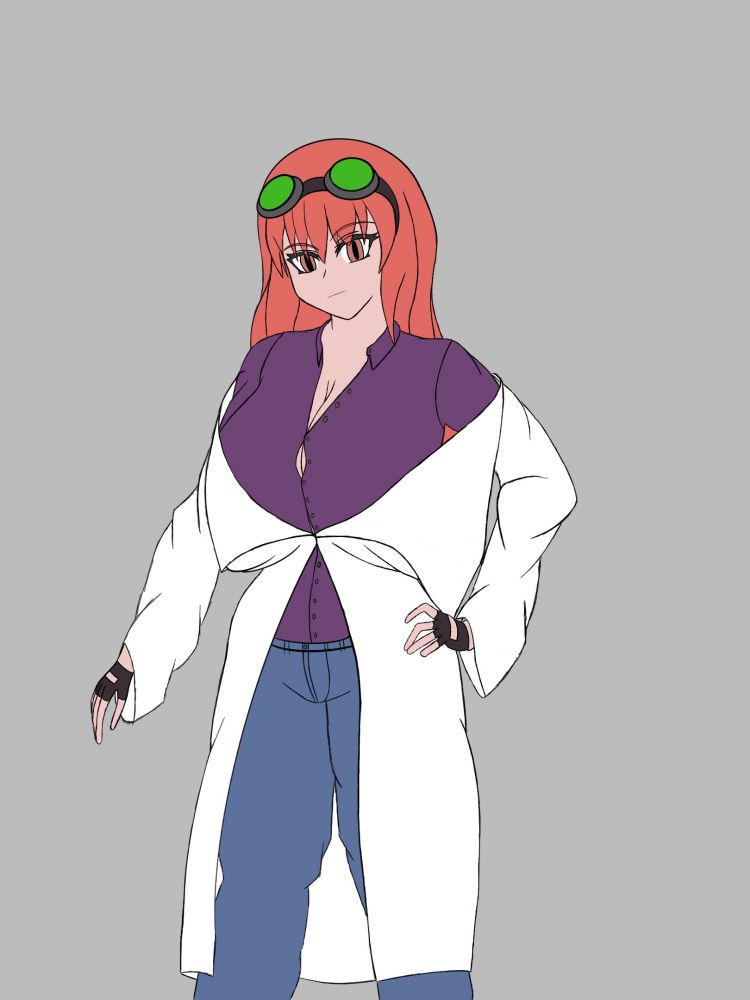 A red haired, pink eyed scientist character that is my OC Pendri in a slightly different look then her usual one. 