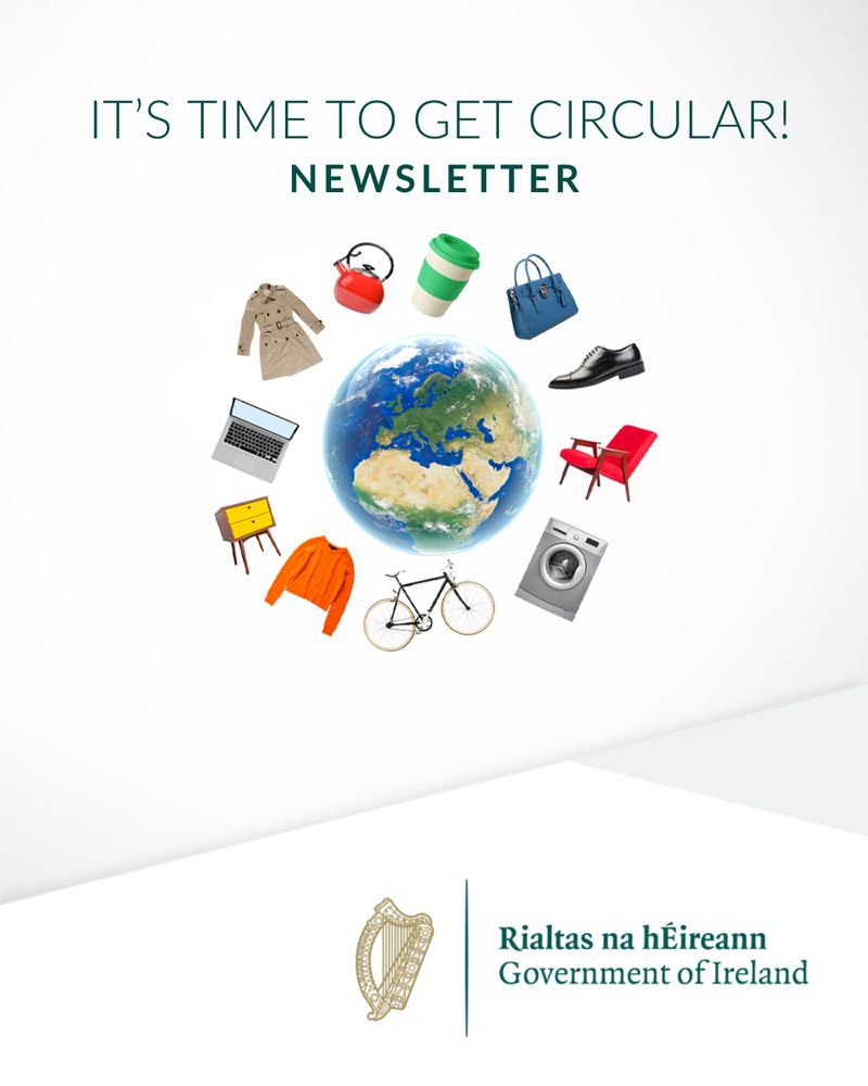 A circular graphic featuring diverse products around a globe, promoting sustainability, with the title "It's Time to Get Circular!" at the top.