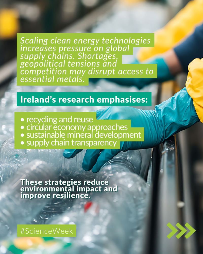 Image shows a person in a yellow jacket and blue gloves sorting through clear plastic bottles. Text overlay discusses the impact of clean energy technologies on global resource access and proposes recycling, reuse, and transparent supply chain strategies to mitigate environmental impacts. Hashtag ScienceWeek at the bottom.