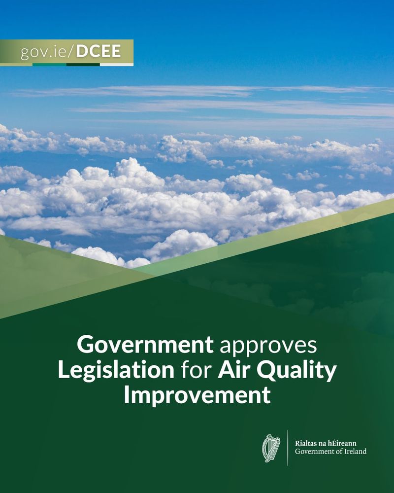 A blue sky filled with clouds, overlaid with text stating the Irish government's approval of air quality legislation.
