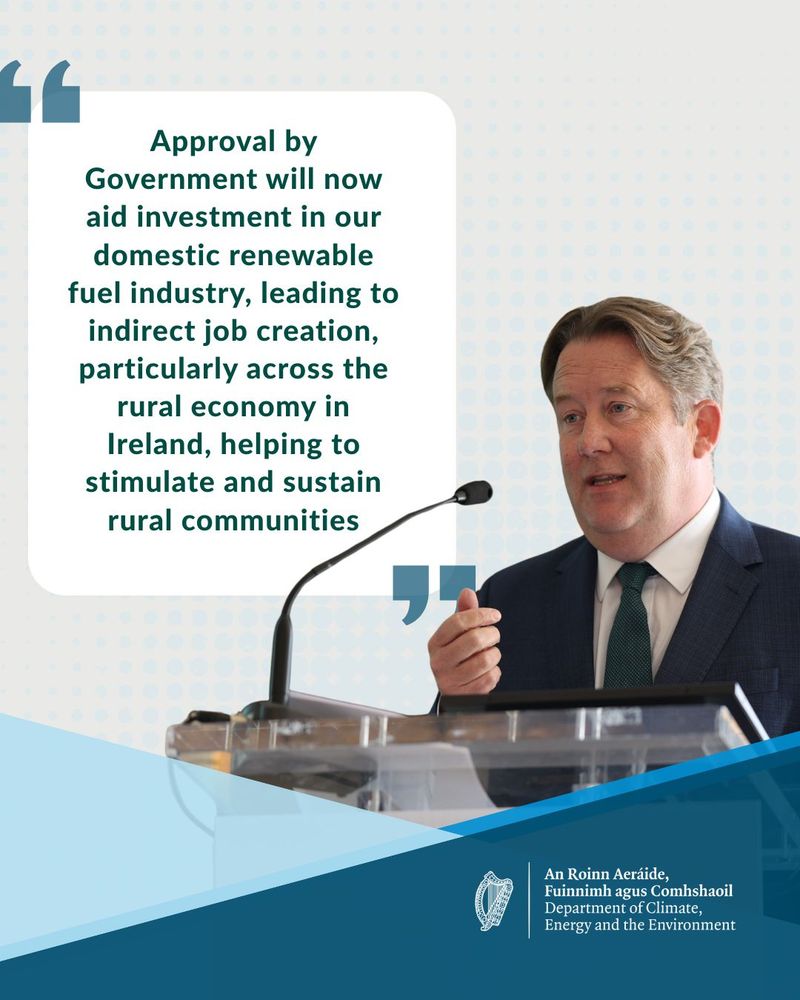 Minister O'Brien at a podium discusses government approval for investment in Ireland's renewable fuel industry to boost rural economies.