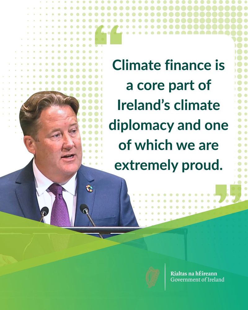 Official from the Government of Ireland delivering a speech at a climate conference, with the text: 'A core part of our identity is Ireland's climate diplomacy of which we are extremely proud.'