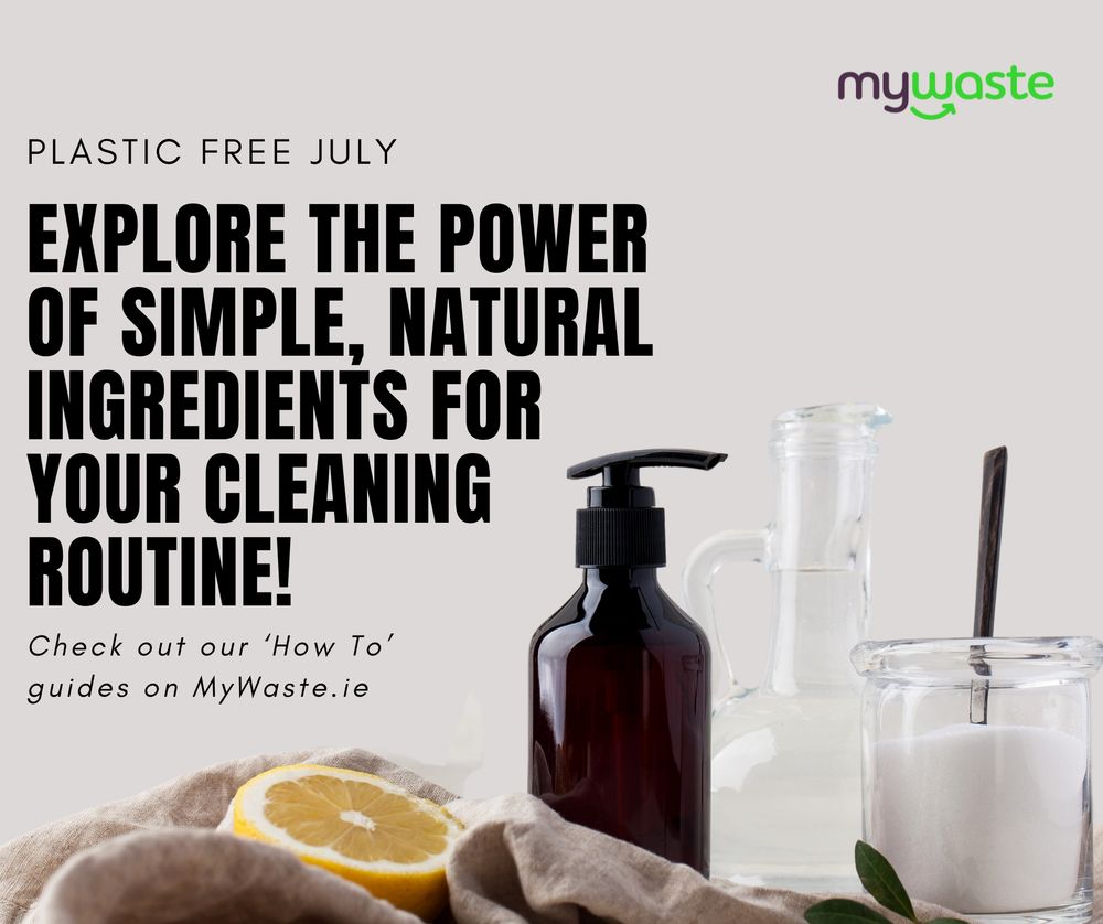 An image promoting Plastic Free July featuring natural cleaning ingredients in bottles, alongside lemon and sugar in a glass jar.
