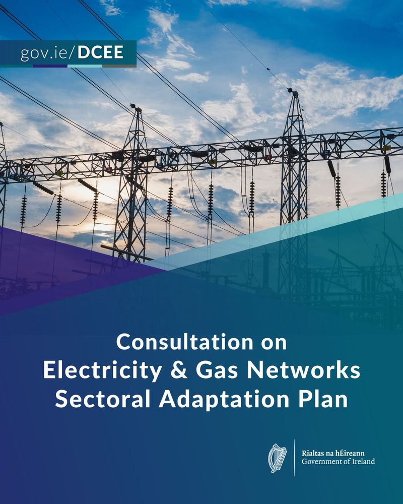 Electricity pylons silhouetted against a cloudy sky, promoting Ireland's consultation on the Electricity and Gas Networks Adaptation Plan.