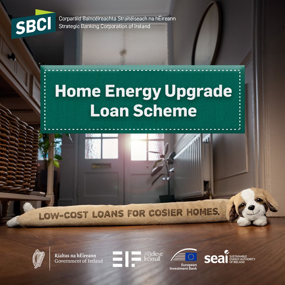 Advertisement for the Home Energy Upgrade Loan Scheme by the Strategic Banking Corporation of Ireland, depicting a plush toy dog on a carpeted floor with a promotional banner overhead.