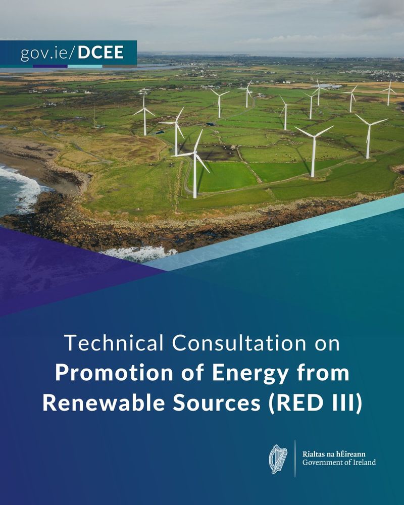 Aerial view of a green landscape dotted with wind turbines promoting renewable energy, featuring a consultation announcement.
