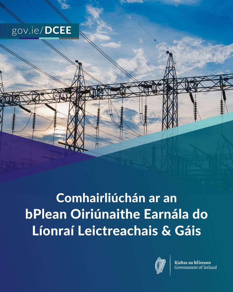 A power transmission scene with electrical towers and lines against a cloudy sky, featuring Irish government branding and text in Irish.