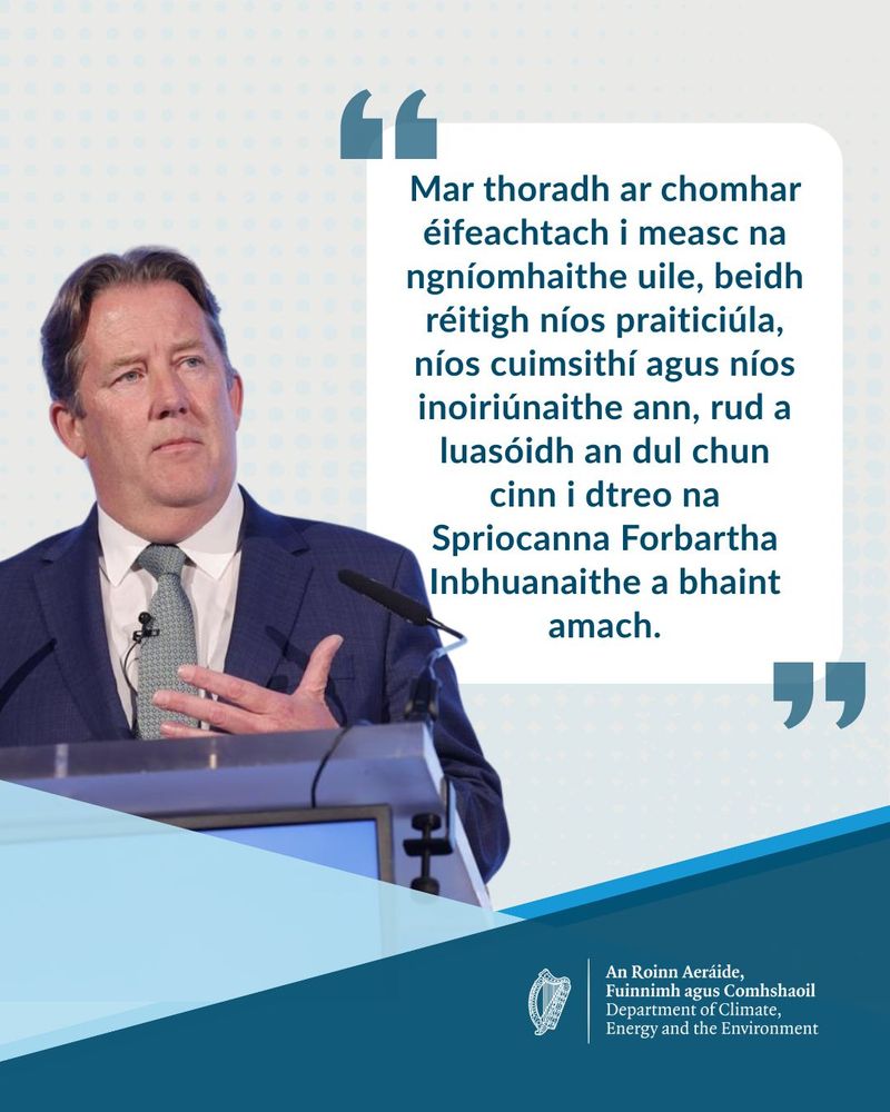 Minister O'Brien gestures while addressing an audience, discussing environmental and regulatory matters related to sustainable practices.