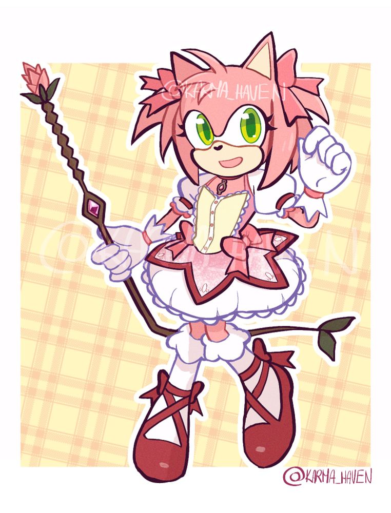 Drawing of Amy Rose from Sonic the Hedgehog dressed as Madoka from Madoka Magica