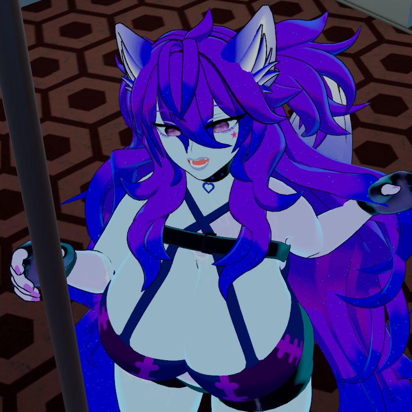 Aria Starlight's vrchat model posed next to a vertical pole with one hand grabbing it. Aria Starlight vrchat model made with Ke Mao's Fracture Thicc vrchat model as a base and edits by community member Rezins14