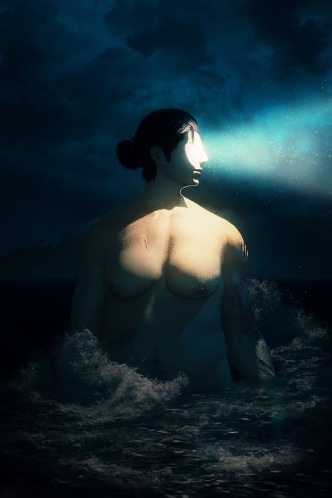edited gpose of ryssrael standing in the ocean at night. she is looking to the side. from her eyes come beams of light, reminiscent of a lighthouse, casting a harsh lighting over her chest.