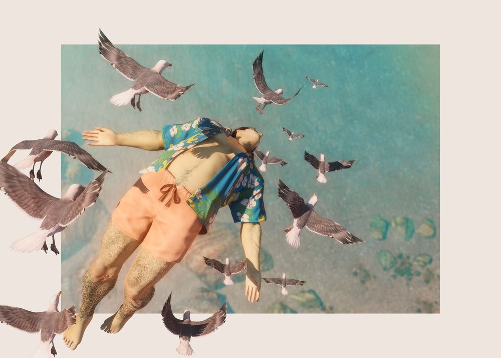 a gpose of ryssrael in the summer island vacation gear, looking as if she's floating in the air far up above the sea. her expression isn't visible. she is surrounded by a swarm of gulls, flying around her and going down towards the water. there is a very large white border, of which ryss's feet and some of the gulls come out off.