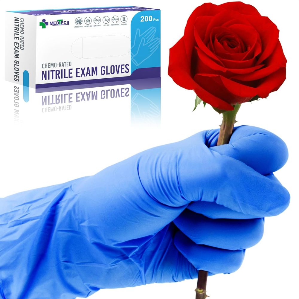product image for blue nitrile exam gloves clutching a red thorny rose upright