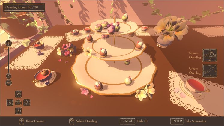 A screenshot of the character-creator game A Touch of Sugar, showing off unique sentient pastel pastry creatures hanging out on a 3-tiered dessert stand.