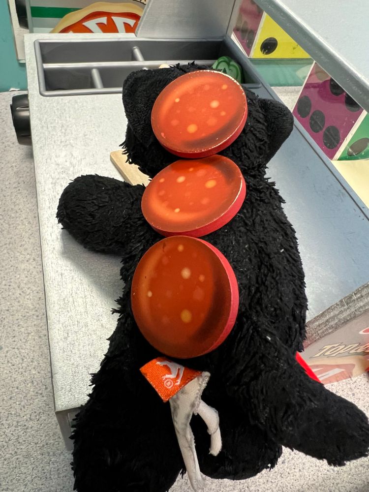 Picture of a plush cat toy with fake toy pepperoni on its back.