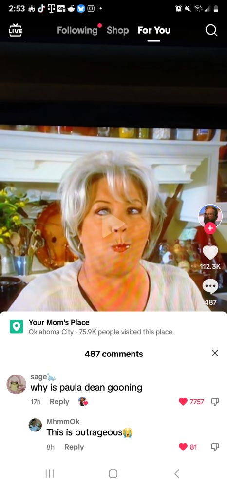A screenshot of a tiktok comment asking why infamous racist and butter addict, Paula Dean, is gooning.