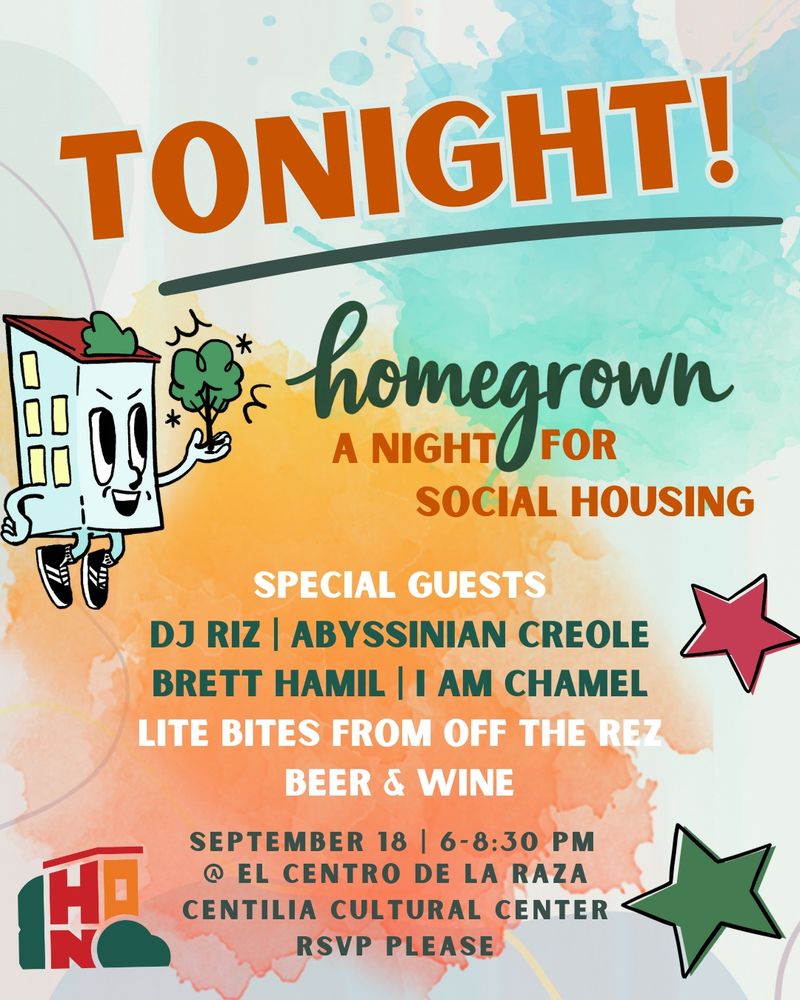 Watercolor background, photos of Housey jumping holding  a tree. Text: Tonight, Sept 18th , performances from I Am Chamel, DJ Riz Rollins,  Abyssinian Creole, Brett Hamil and food from Off the Rez. 6-8:30pm at the Centilia Cultural Center. RSVP Please