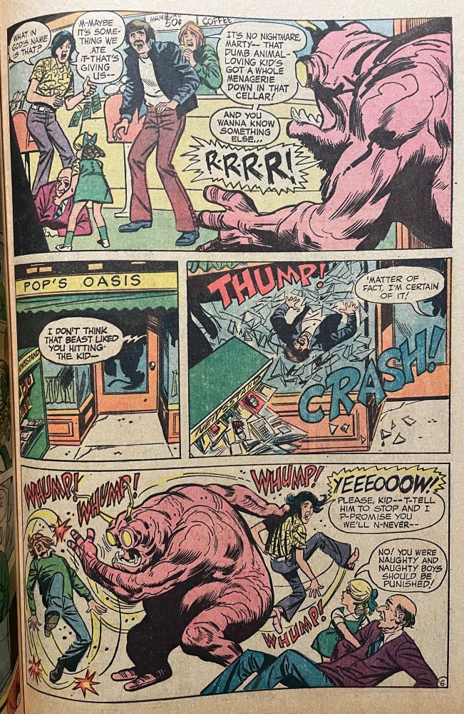 A multi-panel story page showing the creature known as Angry Charlie from Jack Kirby’s run on the title. 