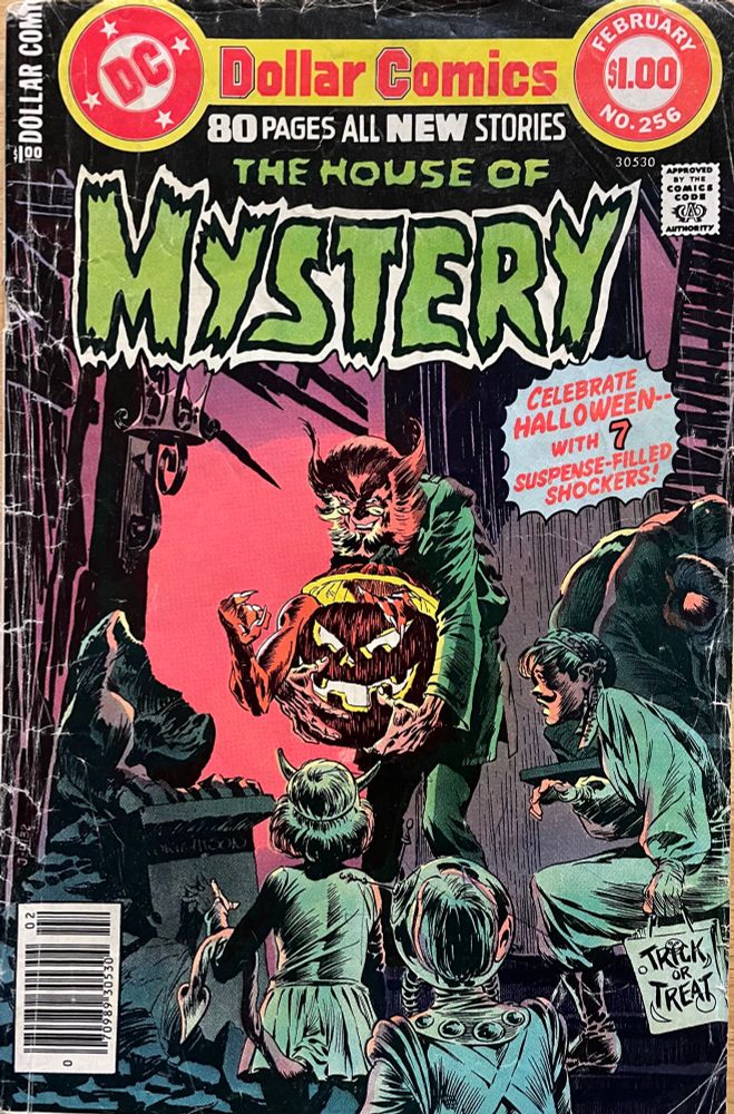 Cain stands in the doorway of the House of Mystery holding a Jack-o-lantern as several children approach fearfully. 