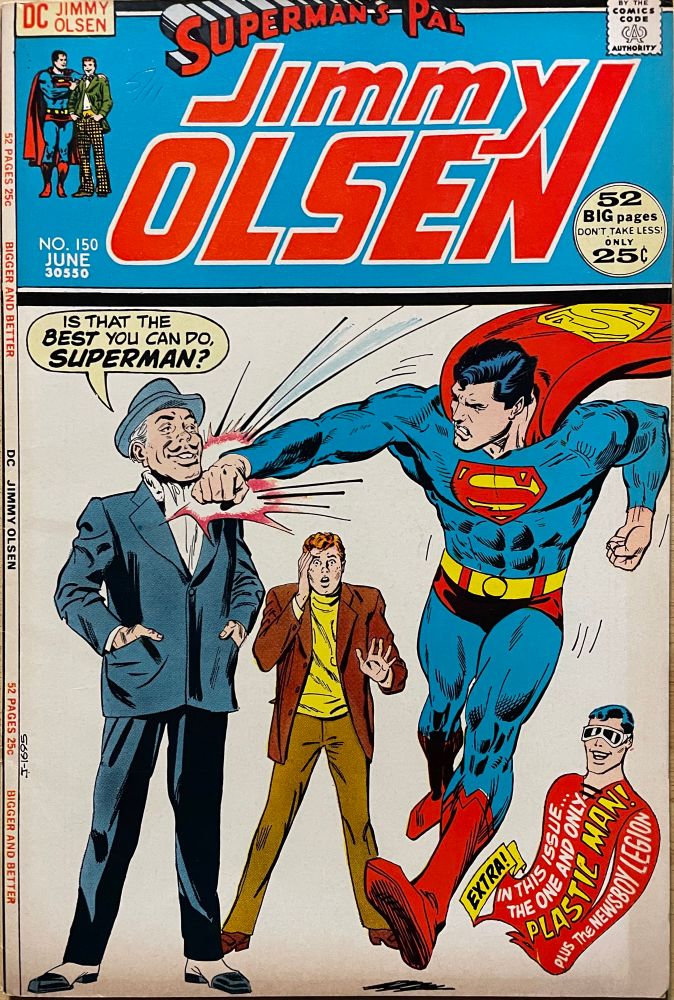 Cover: Superman punches a smartly dressed man who feels no effects as Jimmy looks on, puzzled by the whole situation. 