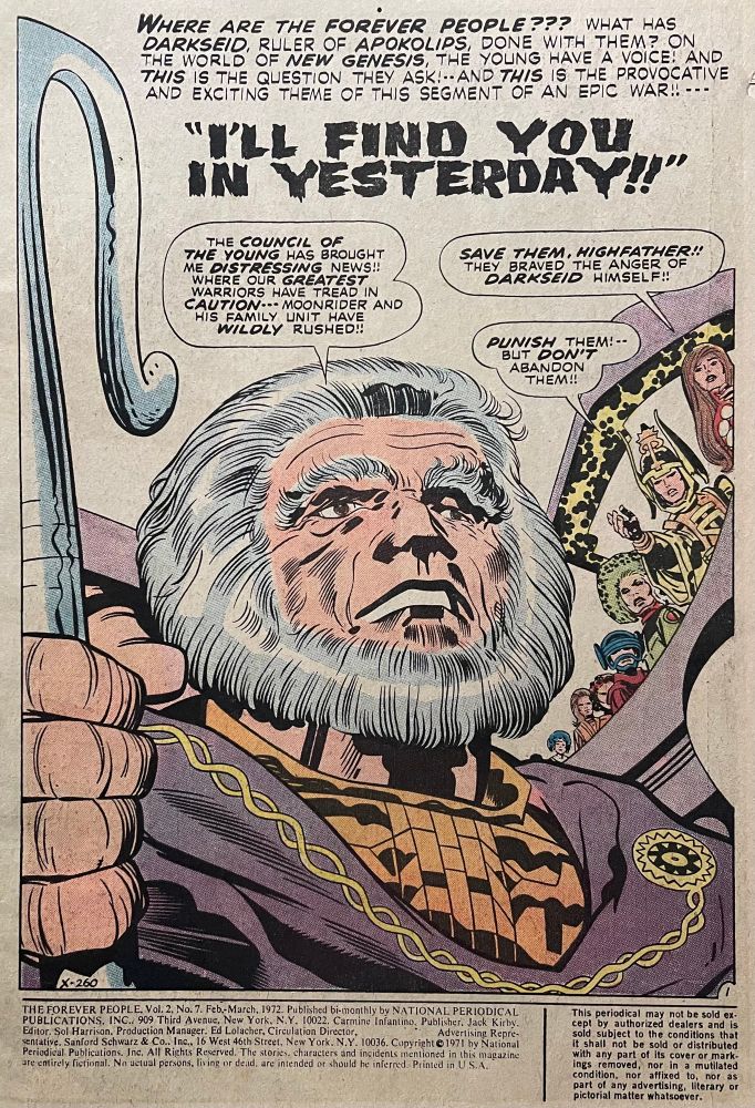 Highfather looking imperious, holding his walking staff while some other gods look on. 