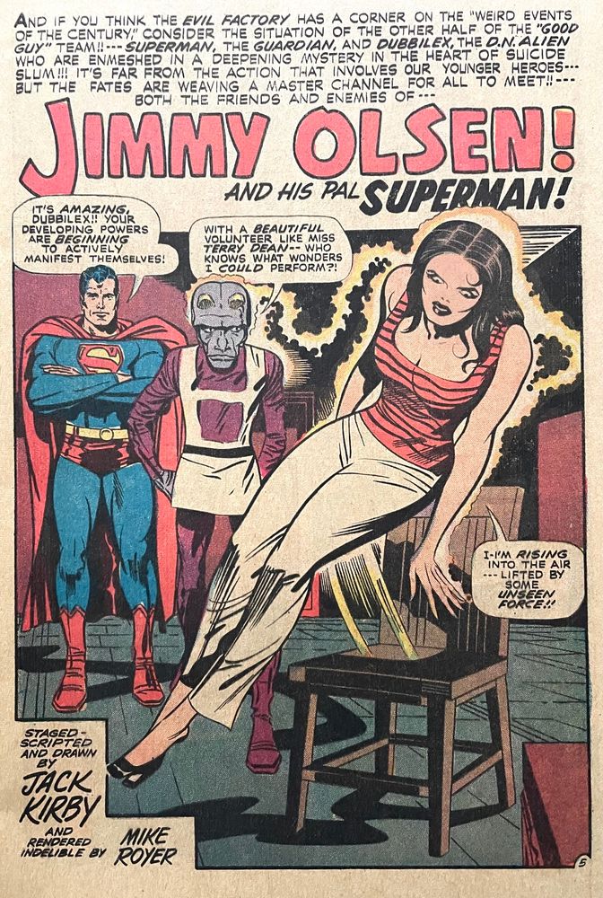 Dubbilex the DNAlien uses his mental powers to levitate a woman from her chair as Superman looks on. 