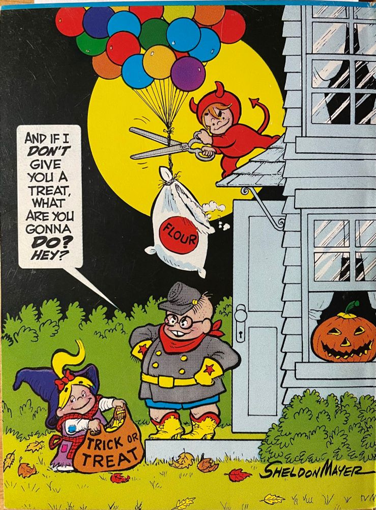 Back cover of the digest: an older boy, a bully, stands on the porch of a house, asking Sugar “and if I don’t give you a treat, what are you gonna DO? Hey?” Meanwhile, Spike is on the rooftop about to drop a sack of flower on the bully’s head. 