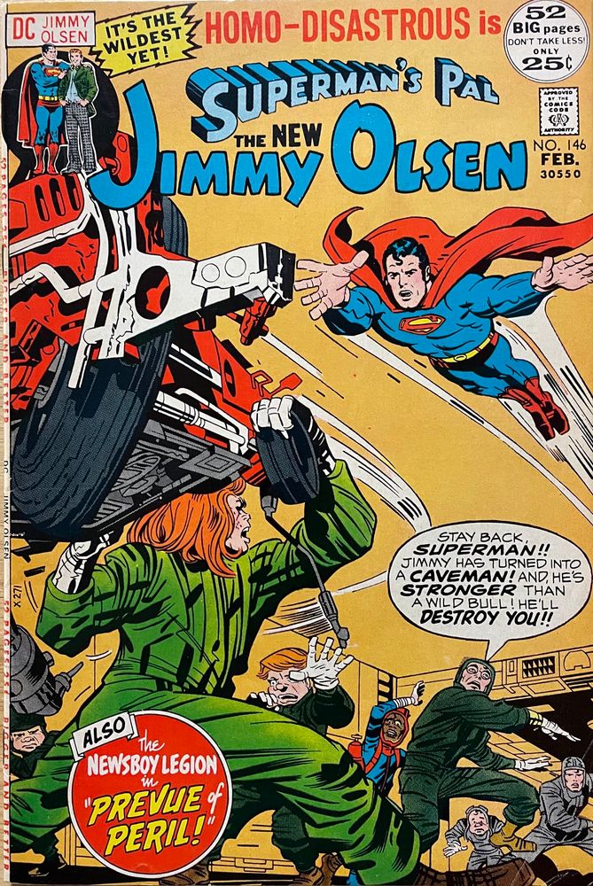A giant, devolved Jimmy hoists some machinery over his head and is preparing to throw it at Superman and the Newsboys. 