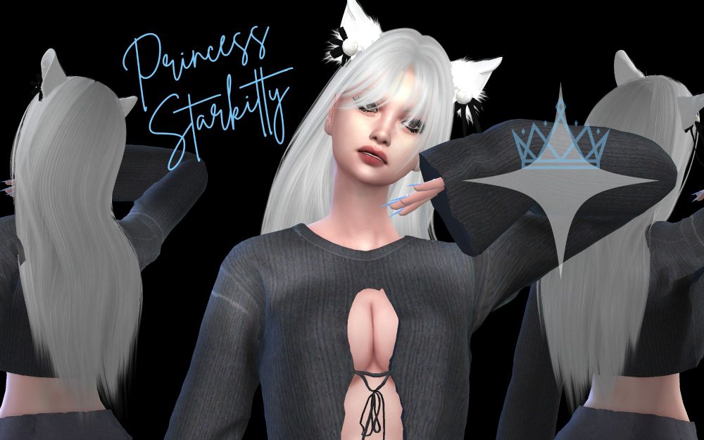 Princess Starkitty (a pretty 22 year old female with long white hair and cat ears) stands in the corner of a two mirrors, both mirrors reflect her back. She has a bratty expression and is holding her hand under her face as if to say "look at me". She is wearing a cropped jacket with is tied loosely in the front and you can see her boobs squished together.
