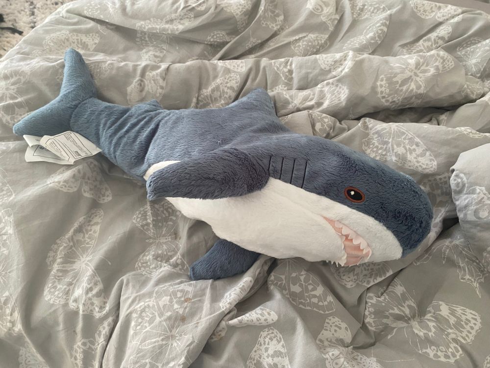 a blåhaj lying on a bed