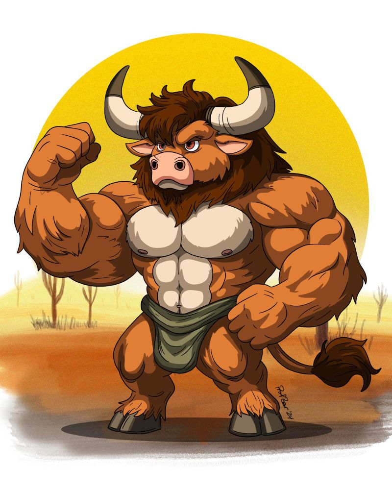 A digital drawing of an anthropomorphic bull with large muscles and one arm curled. A desert background is behind him along with a large yellow sun.