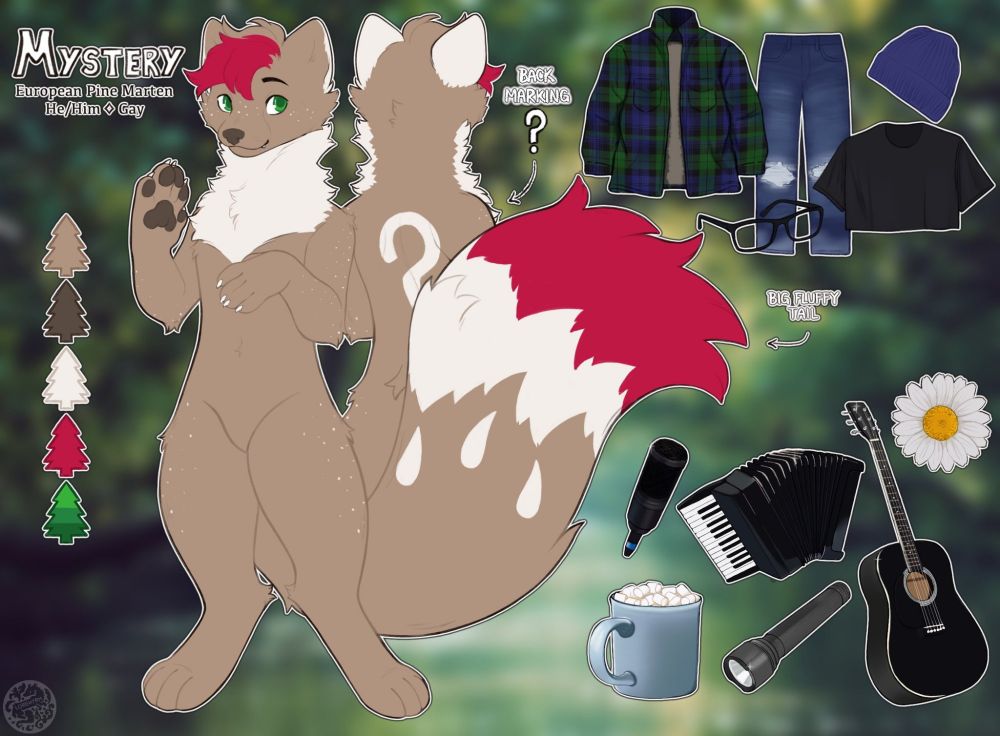 A brown anthropomorphic pine marten ref sheet. He has green eyes, white and red fur highlights, and next to him are details kf his clothing and items he likes. These include a green and blue tartan fleece, jeans, a black crop top, glasses, a blue beanie, a daisy flower, a black acoustic guitar, a flashlight, and accordion, a microphone, a d a mug of hot chocolate. Art by lorewyrm