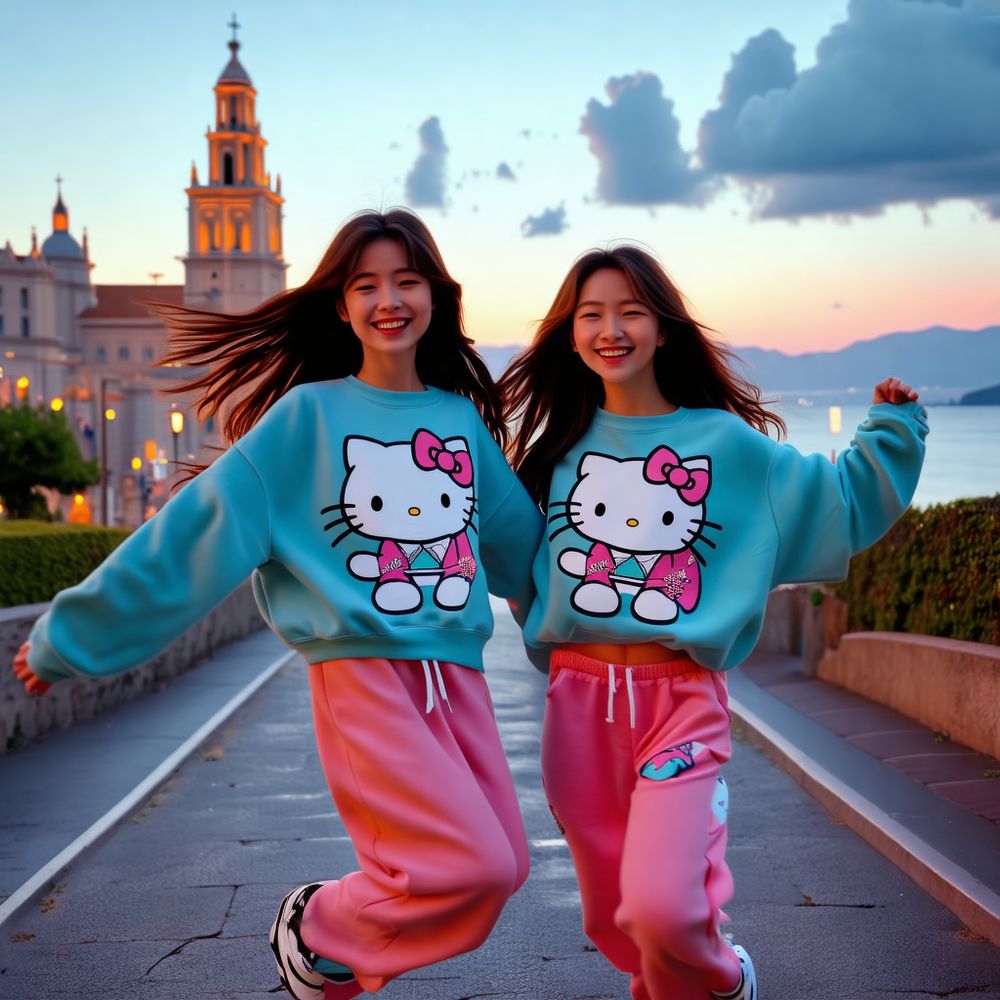 wearing sweat shirt with Japanese kawaii characters of kitty cat