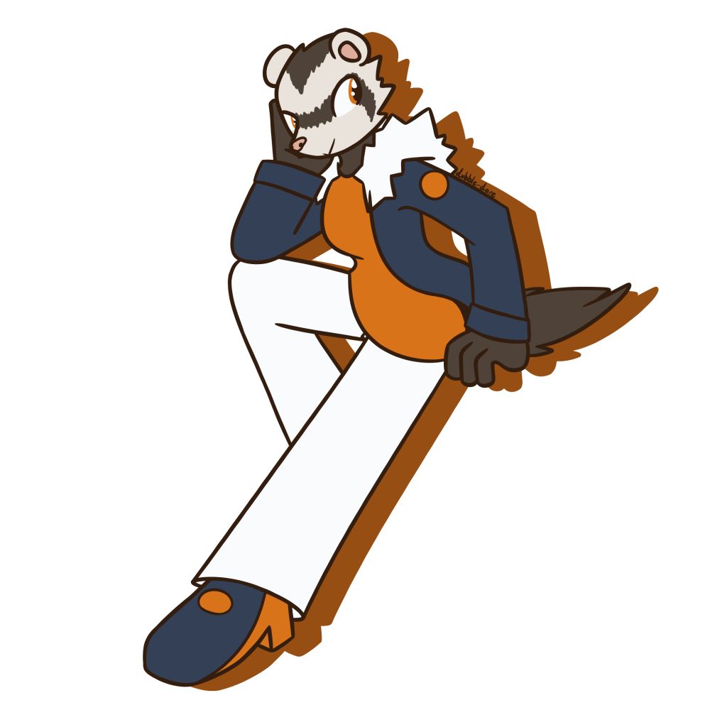 art of rosabelle, an anthropomorphic ferret. she wears a jacket with a fuzzy collar over an orange shirt and white pants.