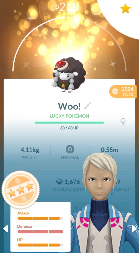 Shiny lucky 14/15/14 Wooloo with holiday hat in Pokemon GO 