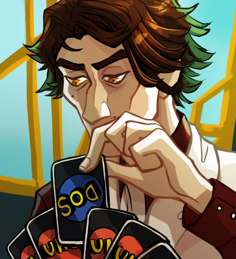 meme redraw of Viktor playing a "dos" card in a game of uno
