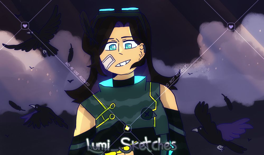 Image of women standing behind a stormy purple background. This women has a mainly green theming with her clothes.  Both images have some element on neon to them. In this image, there are crows flying behind her. 

[ reupload due to missing watermark ] 