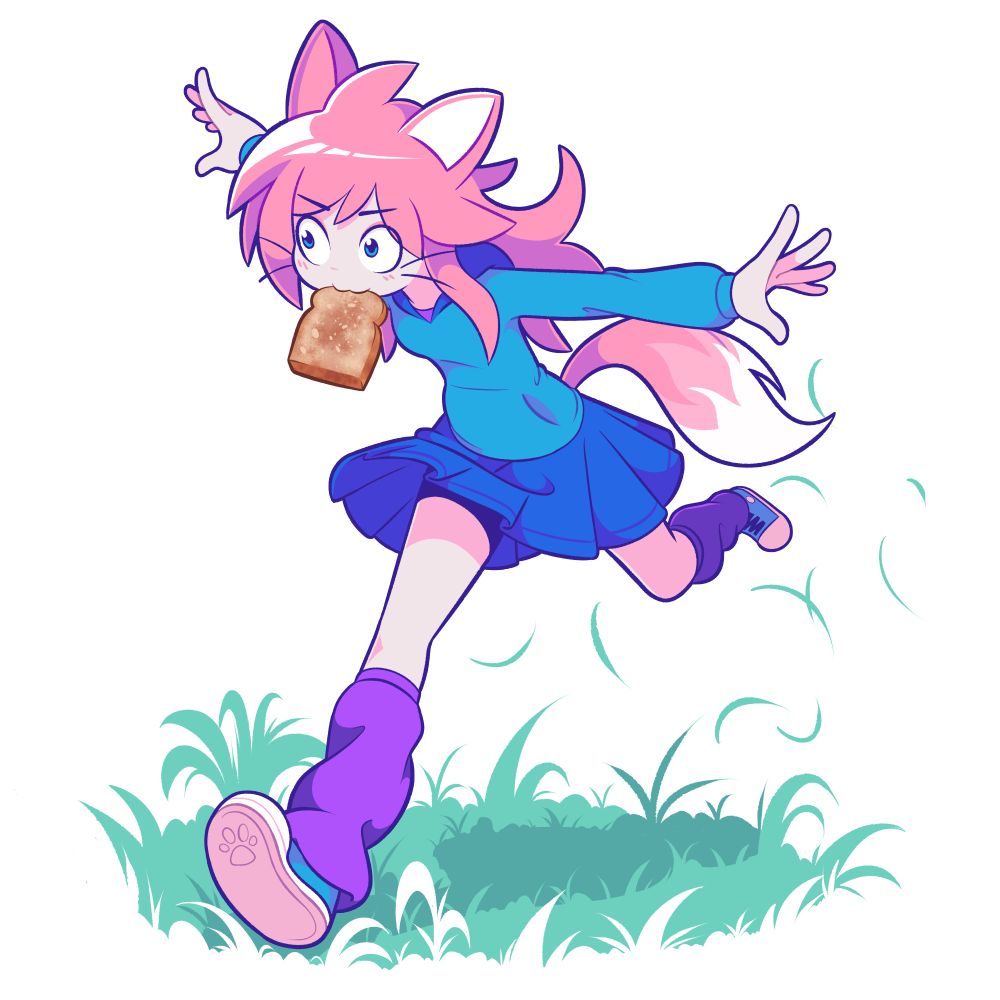 Carrie Croyle, doing the classic anime trope of running late to school with toast in her mouth.