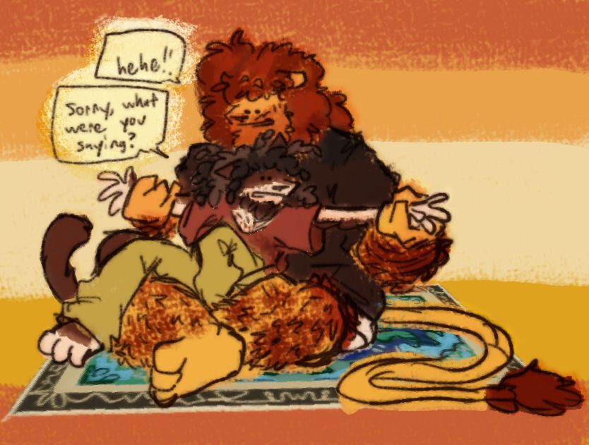 Toby sits on Ted's lap, his arms being spread far apart into a T-pose by Ted, over a ornate blue carpet. Ted and Toby both have speech bubbles that read in the following sequence.
Ted: hehe!!
Toby: Sorry, what were you saying?