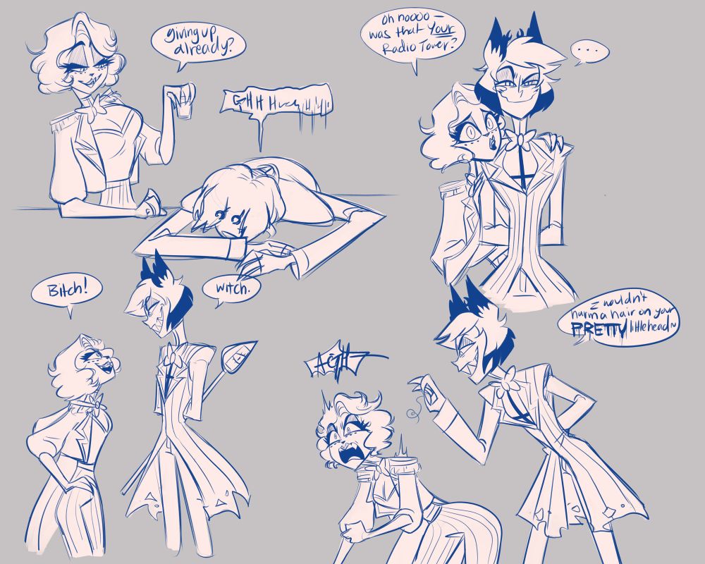 Sketch page of two characters interacting playfully yet contentiously