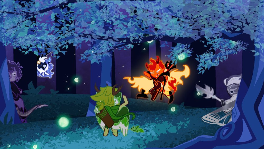 A wide view of a blue-hued forest, dotted with green fireflies. wind archer cookie stands in the front, back to the camera, facing fire spirit cookie, who is waving. to the right, mercurial knight cookie is mostly hidden behind a tree, and to the left black sapphire cookie is leaning against a tree. stardust cookie is hovering upside down in the background.