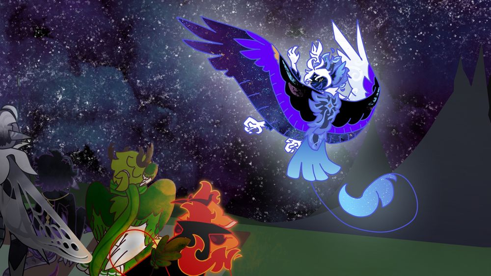 A digitally drawn piece of Mercurial Knight, Black Sapphire, Wind Archer, & Fire Spirit on a picnic blanket while Stardust flies in front of them, a starry space background behind him. Aka my disasterpoly propaganda.