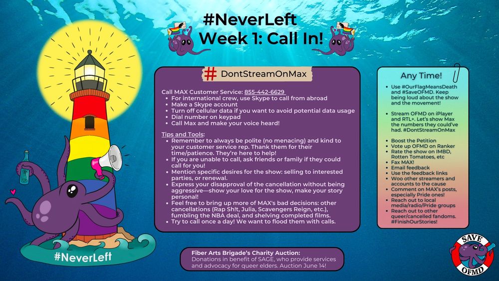 Week one of the calendar from Save OFMD Crew for Pride month. This week's action is to 'Call In'. There is further information on the box below. There is also a box to the right with "any time" actions that can be performed all month. Long description in the comments.
